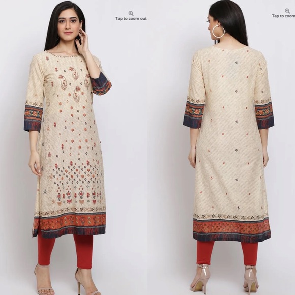 Cream Cotton Straight Kurta - Picture 2 of 4